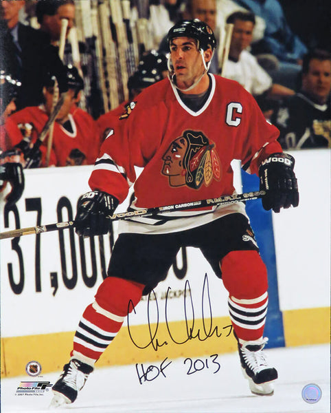 Chris Chelios Signed Blackhawks Red Jersey Action 16x20 Photo w/HOF 2013 -SS COA