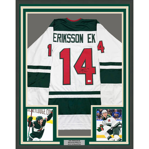 Framed Autographed/Signed Joel Eriksson Ek 35x39 White Hockey Jersey BAS COA