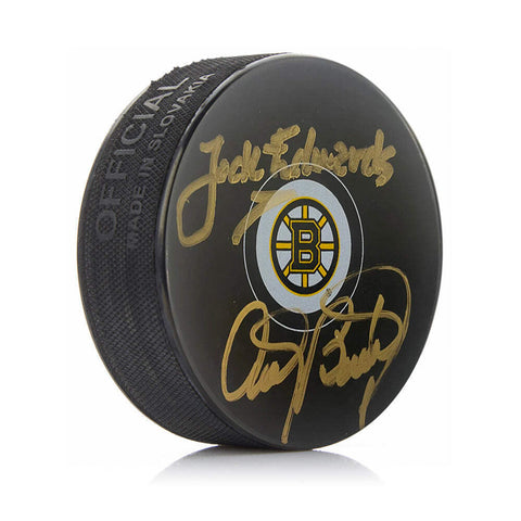 Jack Edwards & Andy Brickley Boston Bruins Autographed Signed Logo Puck JSA PSA