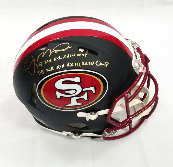 Joe Montana Signed 49ers Flat Black Speed Authentic Helmet W/ SB Insc's Beckett