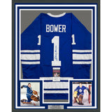 Framed Autographed/Signed Johnny Bower 35x39 Toronto Blue Hockey Jersey JSA COA