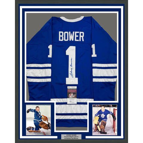 Framed Autographed/Signed Johnny Bower 35x39 Toronto Blue Hockey Jersey JSA COA