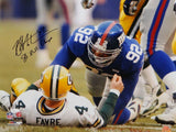 Michael Strahan Signed NY Giants 16x20 PF Photo Sacking Favre w/ Insc JSA W Auth