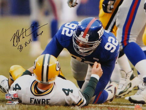 Michael Strahan Signed NY Giants 16x20 PF Photo Sacking Favre w/ Insc JSA W Auth