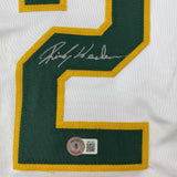 Autographed/Signed Rickey Henderson Oakland White Jersey Beckett BAS COA