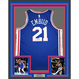 Framed Autographed/Signed Joel Embiid 35x39 Philadelphia Blue Jersey JSA COA/LOA