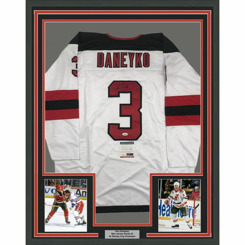 FRAMED Autographed/Signed KEN DANEYKO 33x42 New Jersey White Jersey PSA/DNA COA