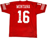 SAN FRANCISCO 49ERS JOE MONTANA AUTOGRAPHED RED JERSEY BECKETT BAS STOCK #224669