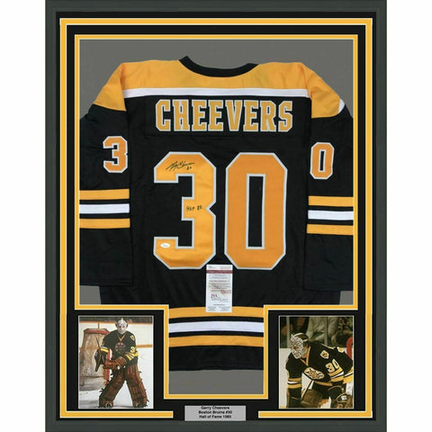 FRAMED Autographed/Signed GERRY CHEEVERS HOF 33x42 Boston Black Jersey JSA COA