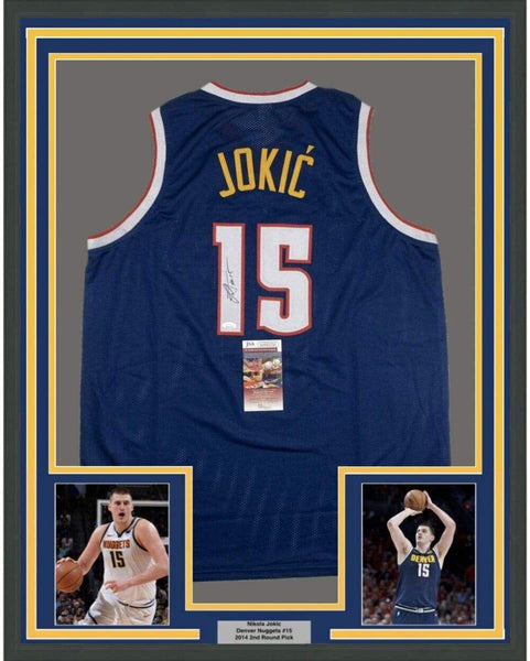 Framed Autographed/Signed Nikola Jokic 33x42 Denver Dark Blue Jersey JSA COA