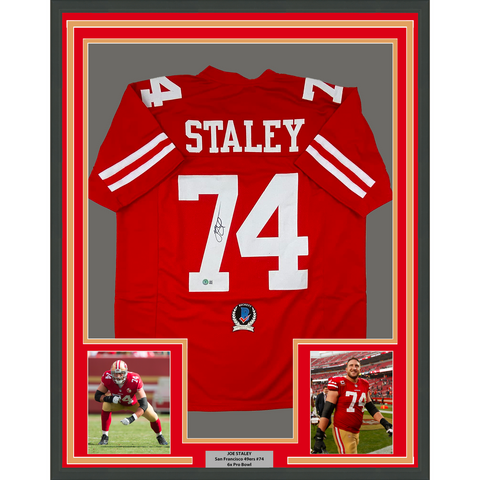 Framed Autographed/Signed Joe Staley 33x42 San Francisco Red Jersey Beckett COA