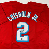 Autographed/Signed Jazz Chisholm Jr. Miami Red Baseball Jersey Beckett BAS COA