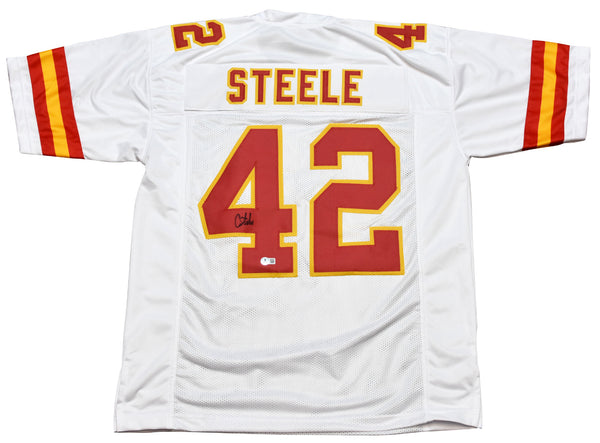 CARSON STEELE SIGNED AUTOGRAPHED KANSAS CITY CHIEFS #42 WHITE JERSEY BECKETT