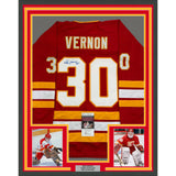 Framed Autographed/Signed Mike Vernon 35x39 Calgary Red Hockey Jersey JSA COA