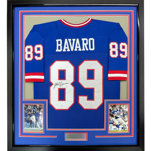 Framed Autographed/Signed Mark Bavaro 35x39 New York Blue Jersey JSA COA