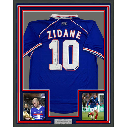 Framed Autographed/Signed Zinedine Zidane 35x39 France Blue Jersey BAS COA