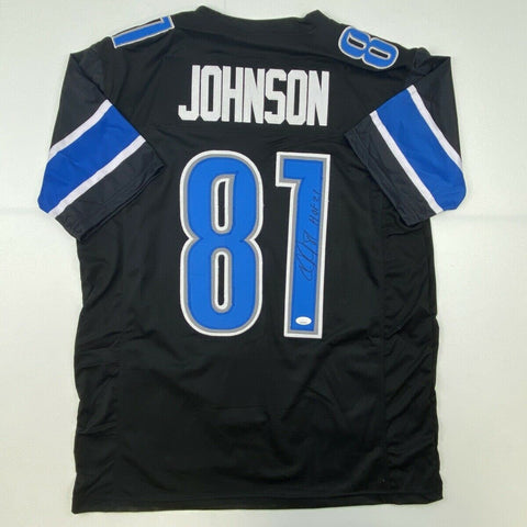 Autographed/Signed CALVIN JOHNSON HOF 21 Detroit Black Football Jersey JSA COA