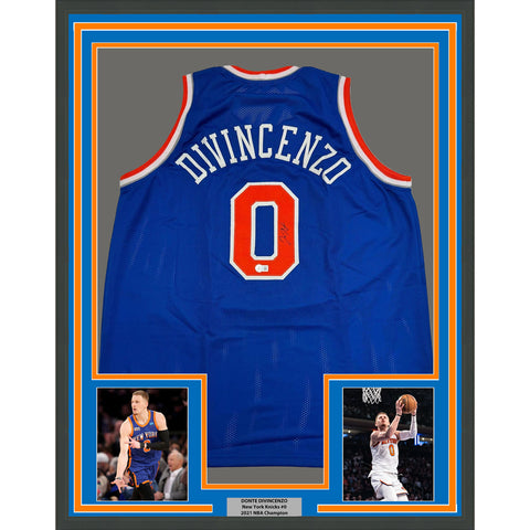 Framed Autographed/Signed Donte Divincenzo 35x39 New York Blue Jersey BAS COA