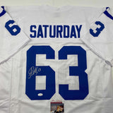 Autographed/Signed Jeff Saturday Indianapolis White Football Jersey JSA COA