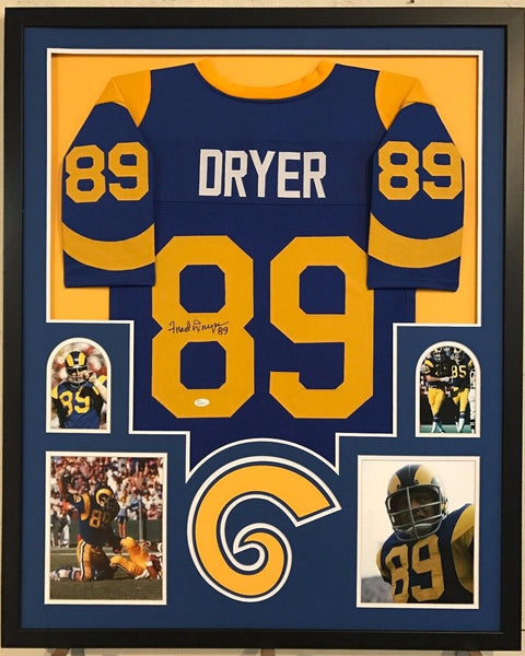 FRAMED FRED DRYER AUTOGRAPHED SIGNED L.A. RAMS JERSEY JSA COA