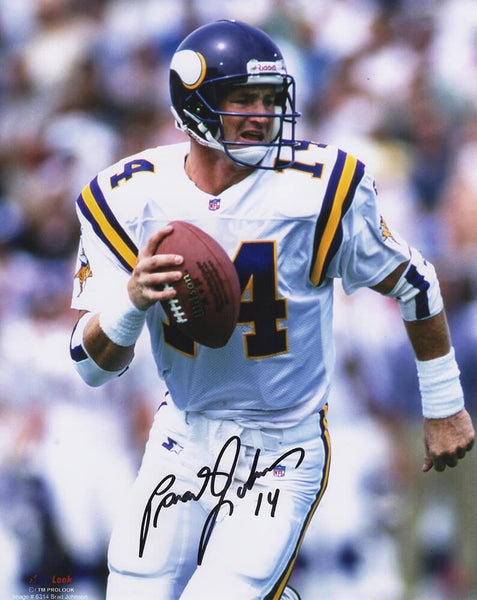 Brad Johnson Signed Vikings White Jersey Scrambling Action 8x10 Photo - (SS COA)