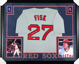 Carlton Fisk Signed Boston Red Sox 35x43 Framed Gray Jersey (JSA) AL 1972 R.O.Y.