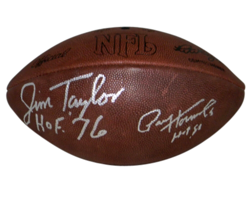 JIM TAYLOR & PAUL HORNUNG SIGNED PACKERS WILSON NFL DUKE THROWBACK FOOTBALL JSA