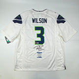 Autographed/Signed Russell Wilson Seahawks White Authentic Jersey Beckett COA