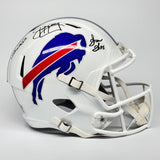 JIM KELLY, THURMAN THOMAS & ANDRE REED SIGNED BILLS WHITE REP HELMET BAS