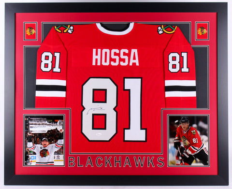 Marian Hossa Signed Chicago Blackhawks 35" x 43" Custom Framed Jersey (JSA COA)