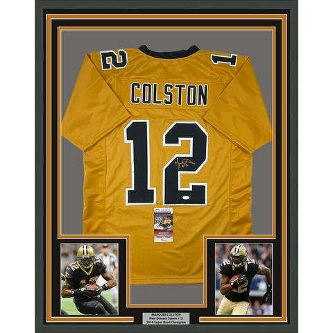 Framed Autographed/Signed Marques Colston 33x42 New Orleans Gold Jersey JSA COA