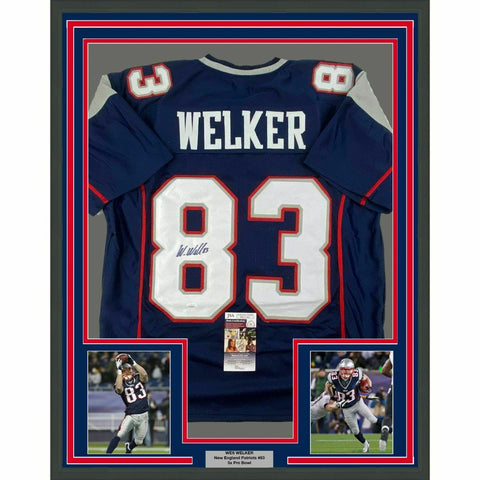 FRAMED Autographed/Signed WES WELKER 33x42 New England Blue Jersey JSA COA Auto