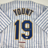 Autographed/Signed Robin Yount Milwaukee Pinstripe Baseball Jersey JSA COA