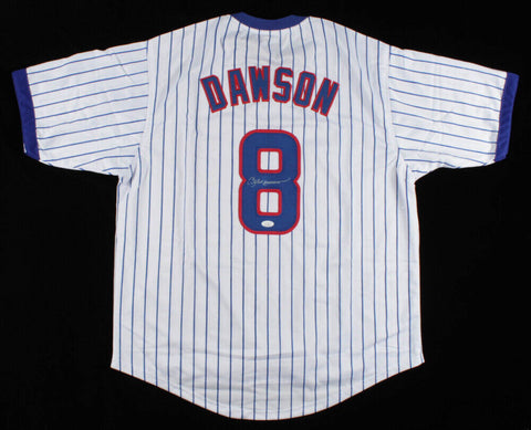 Andre Dawson Signed Chicago Cub Pinstriped Jersey (JSA COA)8xAll-Star 1987 MVP