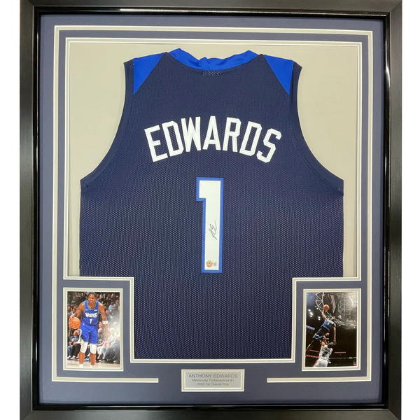 Framed Autographed/Signed Anthony Edwards 33x42 Minnesota Blue Jersey BAS COA