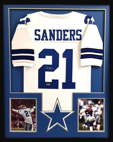 Deion Sanders Signed Framed Dallas Cowboys White Custom Jersey