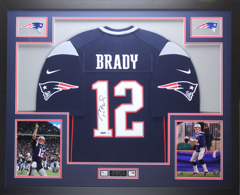 Tom Brady Autographed Framed Blue Patriots Nike Jersey