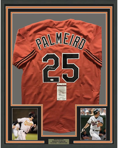 Framed Autographed/Signed Rafael Palmeiro 33x42 Baltimore Orange Jersey JSA COA