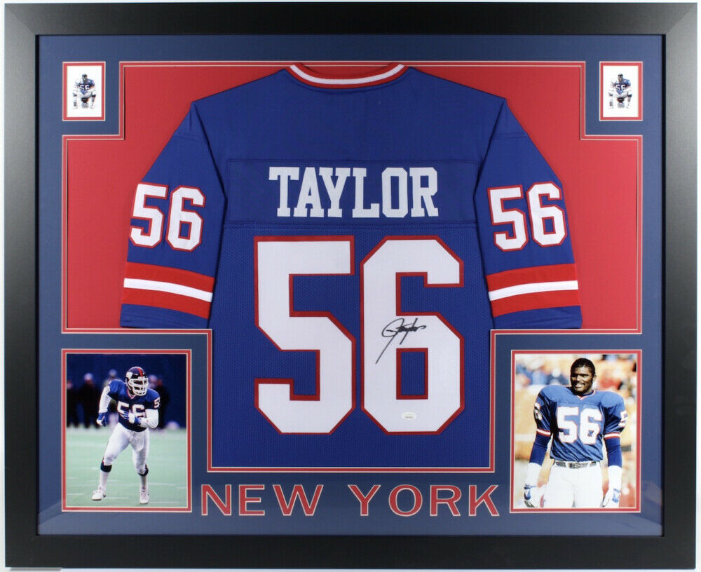 Framed Autographed/Signed Lawrence Taylor 33x42 New York Blue Football  Jersey JSA COA
