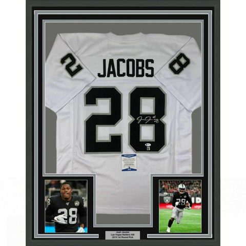 FRAMED Autographed/Signed JOSH JACOBS 33x42 Las Vegas Black Jersey